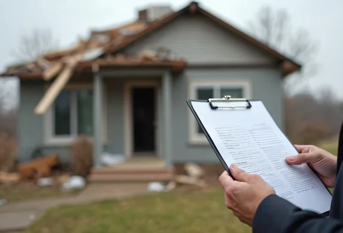 Someone with a clipboard standing outside a damaged house