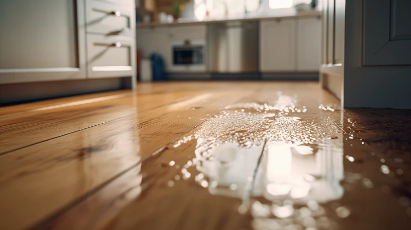 Water pooled in a kitchen