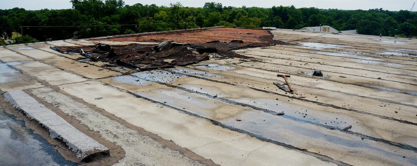 Damaged roof on commercial building